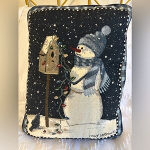 Christmas Tapestry Throw Pillow Snowman Birdhouse 12”x15” Cindy Sampson Blue EUC